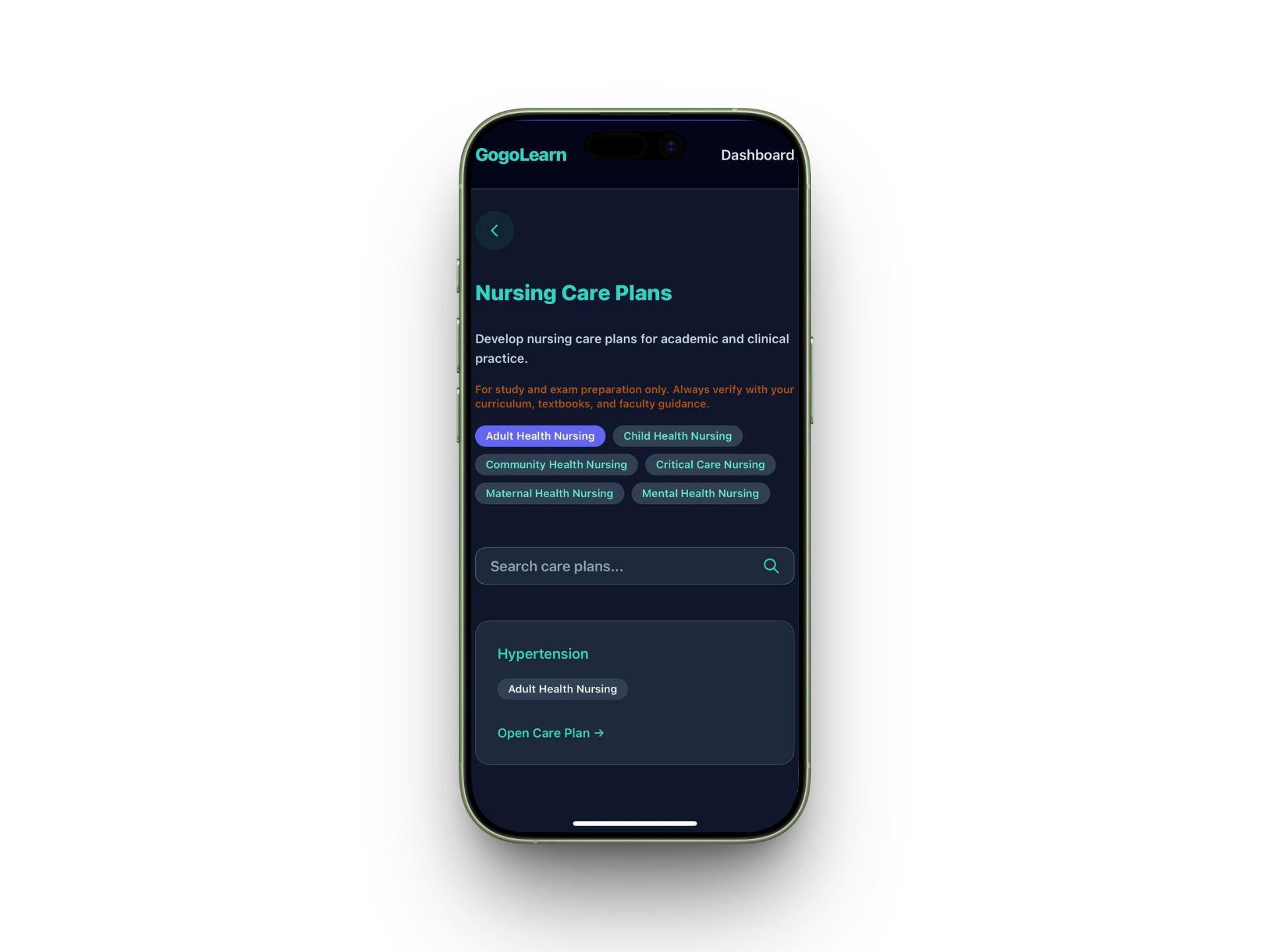 Nursing care plan hub — GogoLearn screenshot